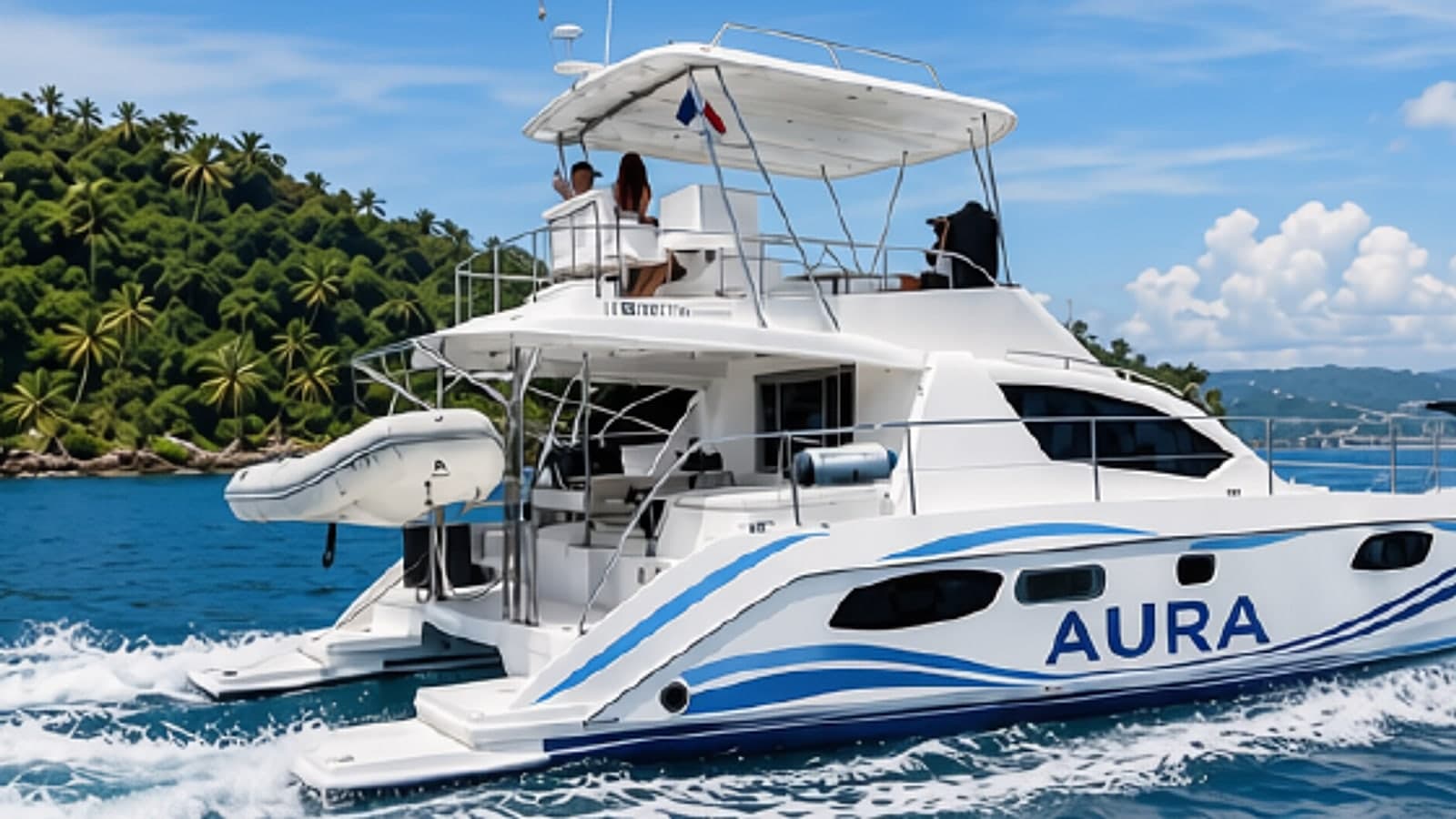 Catamarán Aura navegando de perfil frente a una isla del Pacífico panameño, con el nombre AURA visible en el casco